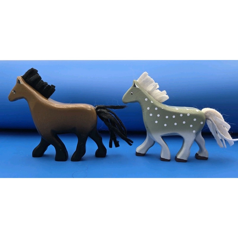 2 Folk Art Primative Wooden Play Horses Felt Hair Grey green White Spots Brown